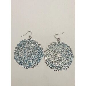 Large Silver Tone Blue Filigree Drop Earrings – Boho Ornate Mandala Dangle